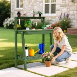 45.5 In. H X 34.8 In. W X 17.7 In. D Avocado Green HDPE Potting Bench Table, Multi-Purpose Plant And Storage Shelf -Jearey avocado green jearey potting benches and tables jyyygzt nyg 31 1000