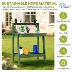 45.5 In. H X 34.8 In. W X 17.7 In. D Avocado Green HDPE Potting Bench Table, Multi-Purpose Plant And Storage Shelf -Jearey avocado green jearey potting benches and tables jyyygzt nyg 44 1000