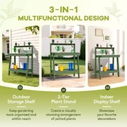 45.5 In. H X 34.8 In. W X 17.7 In. D Avocado Green HDPE Potting Bench Table, Multi-Purpose Plant And Storage Shelf -Jearey avocado green jearey potting benches and tables jyyygzt nyg c3 1000