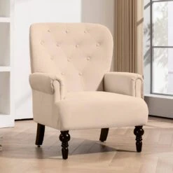 Lola Modern Upholstered Velvet Beige Accent Armchair With Extra Large Back And Wood Leg For Living Room Bedroom