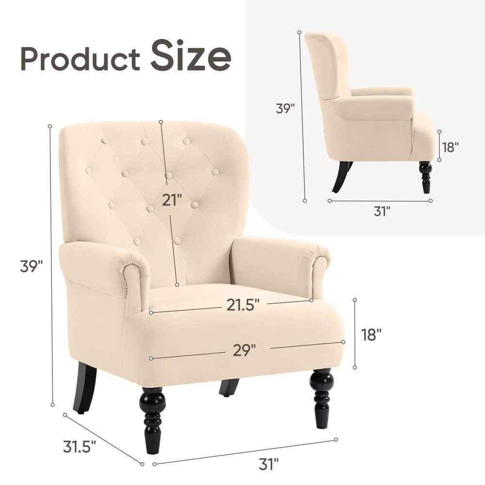 Lola Modern Upholstered Velvet Beige Accent Armchair With Extra Large Back And Wood Leg For Living Room Bedroom 2 Lola Modern Upholstered Velvet Beige Accent Armchair With Extra Large Back And Wood Leg For Living Room Bedroom - Image 2