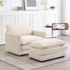 Modern Beige Corduroy Accent Armchair With Ottoman For Living
