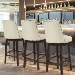 29.53 In Back Swivel Velvet Beige Bar Stool With Rubber Wood Frame (Set Of 2) -Jearey beige jearey bar stools e22gby hd bg 31 1000