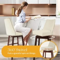 29.53 In Back Swivel Velvet Beige Bar Stool With Rubber Wood Frame (Set Of 2) -Jearey beige jearey bar stools e22gby hd bg 4f 1000