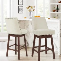 29.53 In Back Swivel Velvet Beige Bar Stool With Rubber Wood Frame (Set Of 2)