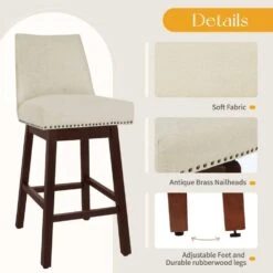 29.53 In Back Swivel Velvet Beige Bar Stool With Rubber Wood Frame (Set Of 2) -Jearey beige jearey bar stools e22gby hd bg c3 1000