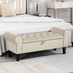 48.43 In. W X 17.72 In. D X 19.29 In. H Beige Tufted Brushed Velvet Armed Storage Bedroom Bench With Rubberwood Legs