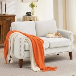 Sanfe 57 In. Beige Solid Fabric 2-Seat Loveseat With Nailhead -Jearey beige jearey loveseats sfrm 2 beige 31 1000