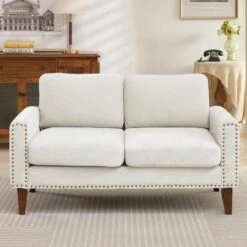 Sanfe 57 In. Beige Solid Fabric 2-Seat Loveseat With Nailhead