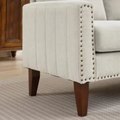 Sanfe 57 In. Beige Solid Fabric 2-Seat Loveseat With Nailhead -Jearey beige jearey loveseats sfrm 2 beige c3 1000