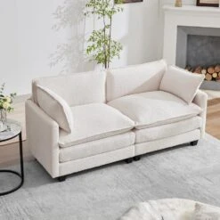 Modern 76.77 In. Beige Looped Velvet Loveseat With Two Pillows For Living -Jearey beige jearey loveseats tz 4 ny 44 1000