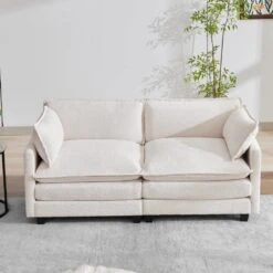 Modern 76.77 In. Beige Looped Velvet Loveseat With Two Pillows For Living