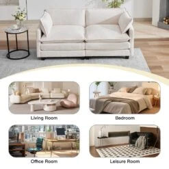 Modern 76.77 In. Beige Looped Velvet Loveseat With Two Pillows For Living -Jearey beige jearey loveseats tz 4 ny fa 1000