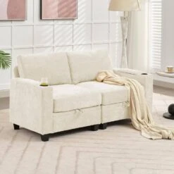 Modern 64.6 In Beige Chenille Storage Loveseat With Cup Holder And Ottoman For Living -Jearey beige jearey loveseats xnecw 2 beige 31 1000