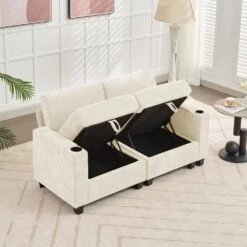 Modern 64.6 In Beige Chenille Storage Loveseat With Cup Holder And Ottoman For Living -Jearey beige jearey loveseats xnecw 2 beige 4f 1000