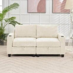 Modern 64.6 In Beige Chenille Storage Loveseat With Cup Holder And Ottoman For Living