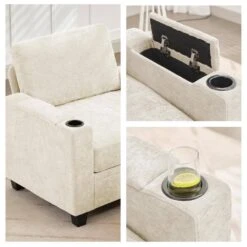 Modern 64.6 In Beige Chenille Storage Loveseat With Cup Holder And Ottoman For Living -Jearey beige jearey loveseats xnecw 2 beige c3 1000