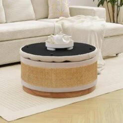 Beige Linen Tufted Rattan Round Storage Ottoman For Bedroom And Living Room -Jearey beige jearey ottomans xgjd beige 31 1000