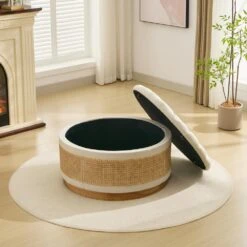 Beige Linen Tufted Rattan Round Storage Ottoman For Bedroom And Living Room -Jearey beige jearey ottomans xgjd beige 44 1000