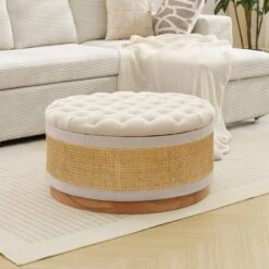 Beige Linen Tufted Rattan Round Storage Ottoman For Bedroom And Living Room