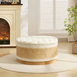Beige Linen Tufted Rattan Round Storage Ottoman For Bedroom And Living Room -Jearey beige jearey ottomans xgjd beige 66 1000
