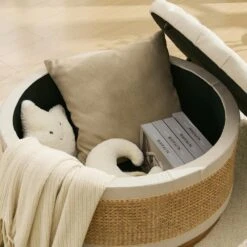 Beige Linen Tufted Rattan Round Storage Ottoman For Bedroom And Living Room -Jearey beige jearey ottomans xgjd beige 76 1000