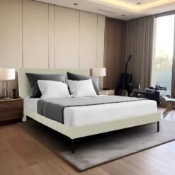 Alex Beige Queen Upholstered Platform Bed Frame With Headboard -Jearey beige jearey platform beds 10ftxlm beige 44 1000