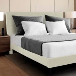 Alex Beige Queen Upholstered Platform Bed Frame With Headboard