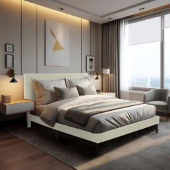 Alex Beige Metal Frame Full Platform Bed With Headboard -Jearey beige jearey platform beds e111cj full yellow 31 1000