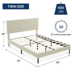 Alex Beige Twin Upholstered Platform Bed Frame With Headboard -Jearey beige jearey platform beds e111cj twin yellow 66 1000