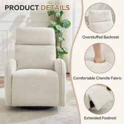 Chenille Beige 3-Position Swivel Power Nursery Recliner With USB And Induction Light Strip For Living Room -Jearey beige jearey recliners dmtty white 1f 1000