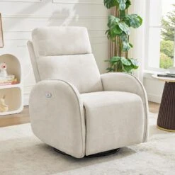 Chenille Beige 3-Position Swivel Power Nursery Recliner With USB And Induction Light Strip For Living Room -Jearey beige jearey recliners dmtty white 31 1000
