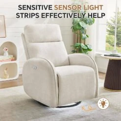 Chenille Beige 3-Position Swivel Power Nursery Recliner With USB And Induction Light Strip For Living Room -Jearey beige jearey recliners dmtty white 44 1000