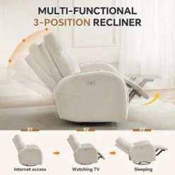 Chenille Beige 3-Position Swivel Power Nursery Recliner With USB And Induction Light Strip For Living Room -Jearey beige jearey recliners dmtty white 4f 1000