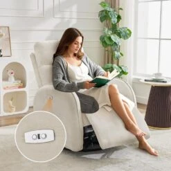 Chenille Beige 3-Position Swivel Power Nursery Recliner With USB And Induction Light Strip For Living Room -Jearey beige jearey recliners dmtty white c3 1000