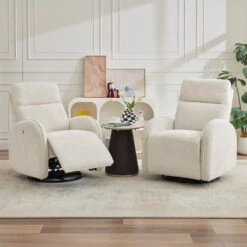 Chenille Beige 3-Position Swivel Power Nursery Recliner With USB And Induction Light Strip For Living Room (Set Of 2) -Jearey beige jearey recliners rc sw navy 31 1000
