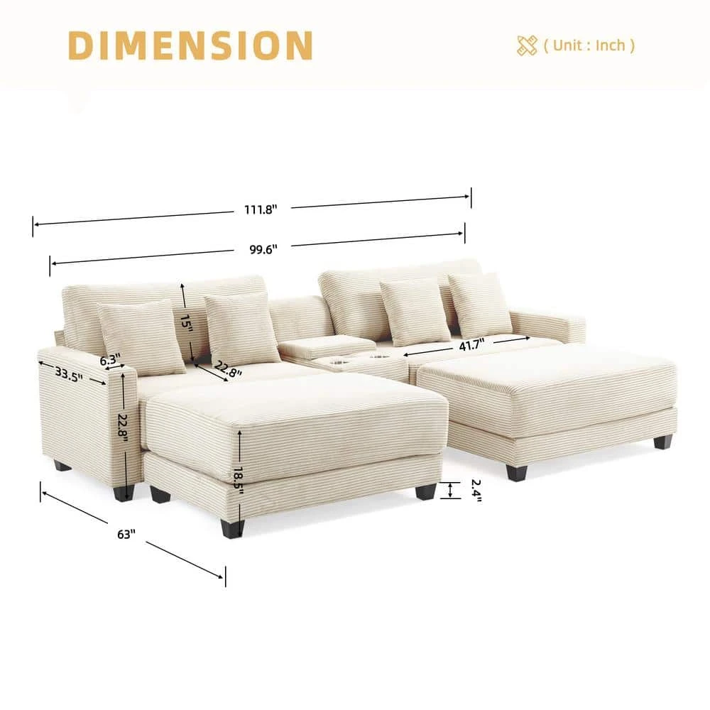 Laibai 111.81 In. Square Arm 4-Piece Velvet Modular Sectional Sofa In Beige With Cup Holder And Ottoman 5 Laibai 111.81 In. Square Arm 4-Piece Velvet Modular Sectional Sofa In Beige With Cup Holder And Ottoman - Image 5
