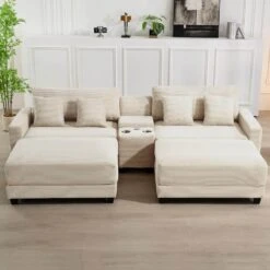 Laibai 111.81 In. Square Arm 4-Piece Velvet Modular Sectional Sofa In Beige With Cup Holder And Ottoman