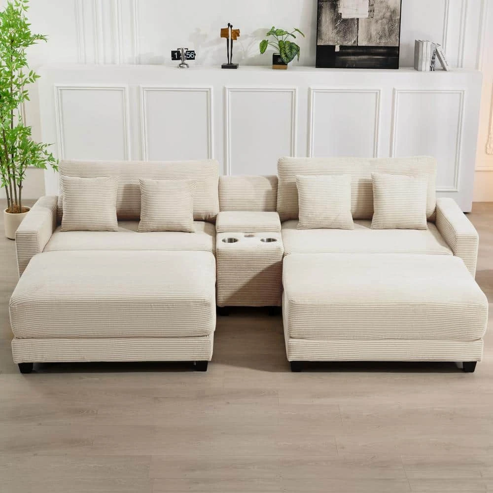 Laibai 111.81 In. Square Arm 4-Piece Velvet Modular Sectional Sofa In Beige With Cup Holder And Ottoman 1 Laibai 111.81 In. Square Arm 4-Piece Velvet Modular Sectional Sofa In Beige With Cup Holder And Ottoman