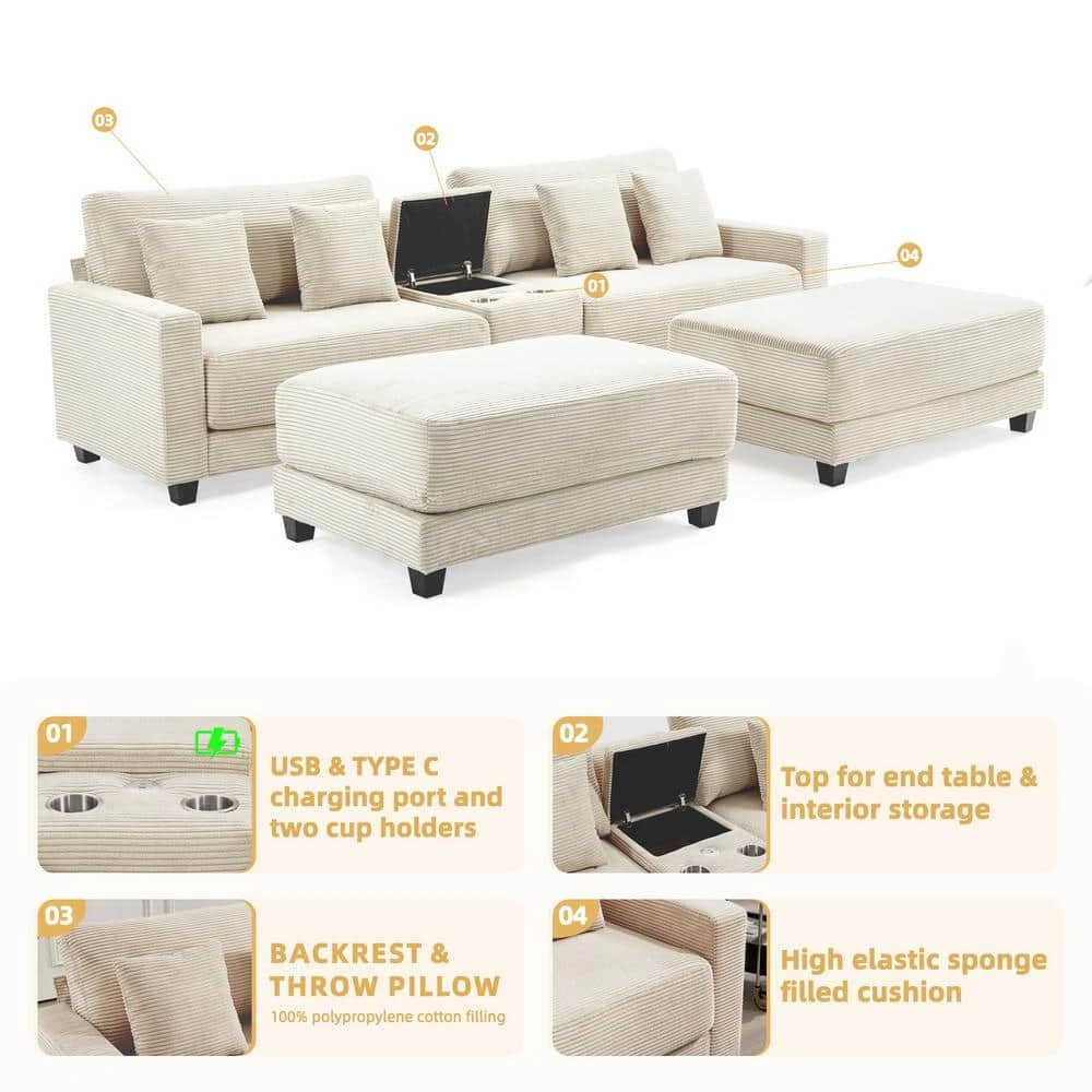 Laibai 111.81 In. Square Arm 4-Piece Velvet Modular Sectional Sofa In Beige With Cup Holder And Ottoman 3 Laibai 111.81 In. Square Arm 4-Piece Velvet Modular Sectional Sofa In Beige With Cup Holder And Ottoman - Image 3