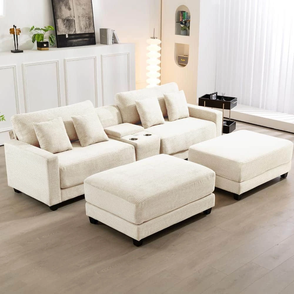 Laibai 111.81 In. Square Arm 4-Piece Velvet Modular Sectional Sofa In Beige With Cup Holder And Ottoman 4 Laibai 111.81 In. Square Arm 4-Piece Velvet Modular Sectional Sofa In Beige With Cup Holder And Ottoman - Image 4