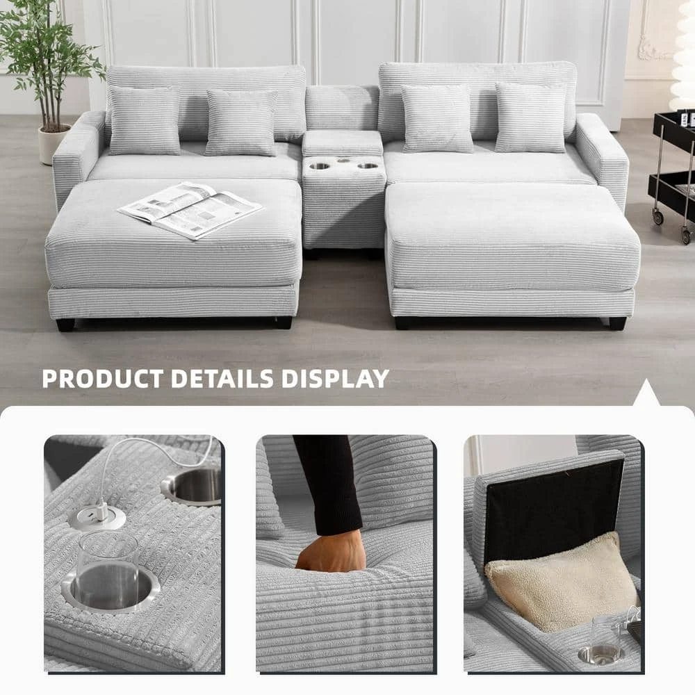 Laibai 111.81 In. Square Arm 4-Piece Velvet Modular Sectional Sofa In Beige With Cup Holder And Ottoman 2 Laibai 111.81 In. Square Arm 4-Piece Velvet Modular Sectional Sofa In Beige With Cup Holder And Ottoman - Image 2