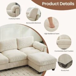 85.37 In. Corduroy Modular Rectangular Beige Sectional Sofa With Ottoman For Living Room And Spacious Space -Jearey beige jearey sectional sofas dxrzjsf4 beige 1f 1000