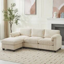 85.37 In. Corduroy Modular Rectangular Beige Sectional Sofa With Ottoman For Living Room And Spacious Space
