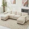 114.96 In Corduroy Modular U-Shaped Beige Sectional Sofa With 2-Ottomans For Living Room And Spacious Space