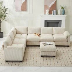 115 In. Corduroy Modular L-Shaped Beige 7-Seat Sectional Sofa For Living Room And Spacious Space