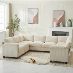 115 In. Corduroy Modular U-Shaped Beige 8-Seat Sectional Sofa For Living Room And Spacious Space -Jearey beige jearey sectional sofas dxrzjsf8 beige 4f 1000