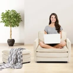 112 In. W 4-Piece Modern Straight Arm Corduroy Fabric L-Shaped Sectional Sofa With Ottoman In Beige -Jearey beige jearey sectional sofas e46sf 3 bg 1f 1000