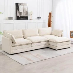112 In. W 4-Piece Modern Straight Arm Corduroy Fabric L-Shaped Sectional Sofa With Ottoman In Beige -Jearey beige jearey sectional sofas e46sf 3 bg 31 1000