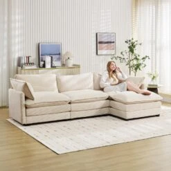 112 In. W 4-Piece Modern Straight Arm Corduroy Fabric L-Shaped Sectional Sofa With Ottoman In Beige -Jearey beige jearey sectional sofas e46sf 3 bg 4f 1000